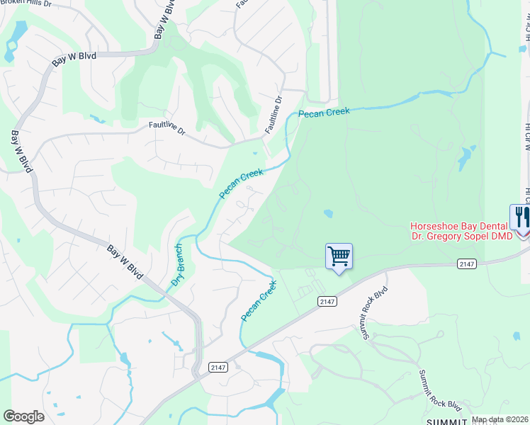 map of restaurants, bars, coffee shops, grocery stores, and more near 104 McCullough Court in Horseshoe Bay