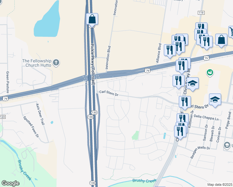 map of restaurants, bars, coffee shops, grocery stores, and more near 55 Linda Lane in Hutto