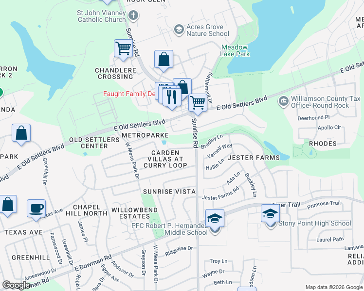 map of restaurants, bars, coffee shops, grocery stores, and more near 1458 David Curry Drive in Round Rock