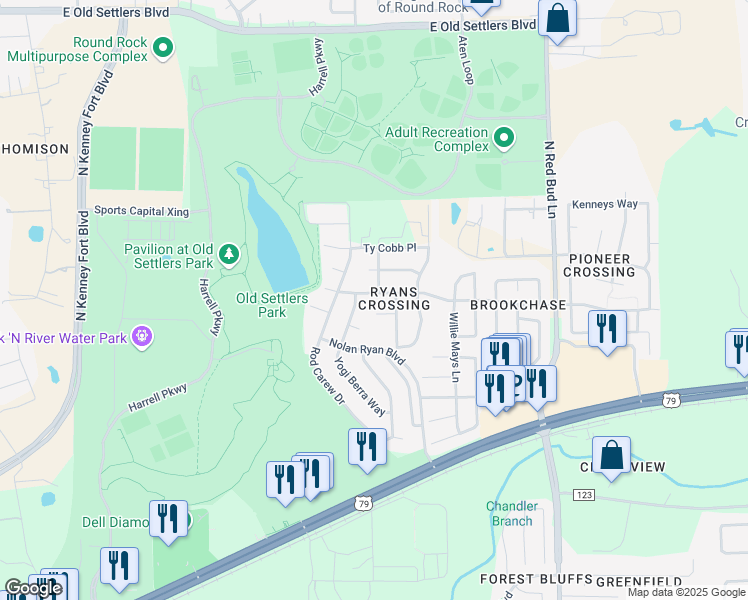 map of restaurants, bars, coffee shops, grocery stores, and more near 1413 Mickey Mantle Place in Round Rock