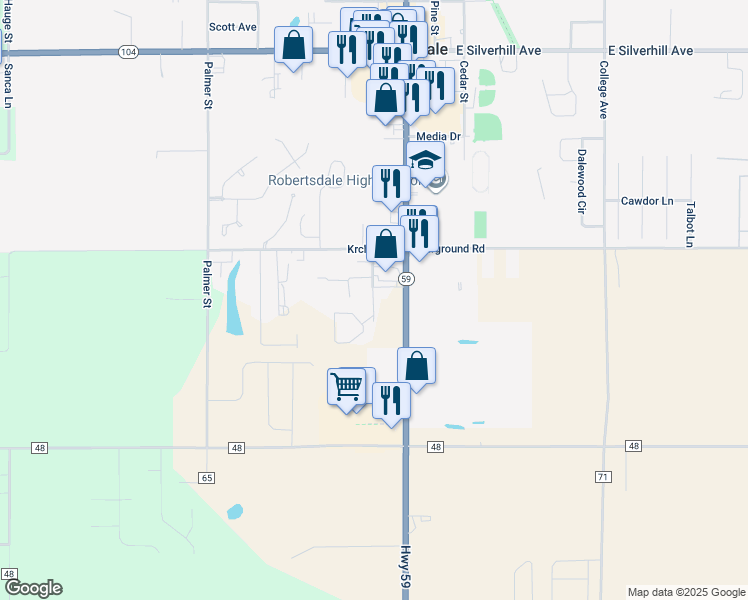 map of restaurants, bars, coffee shops, grocery stores, and more near 21417 Annandale Drive in Robertsdale