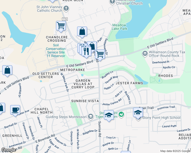 map of restaurants, bars, coffee shops, grocery stores, and more near 1466 David Curry Drive in Round Rock