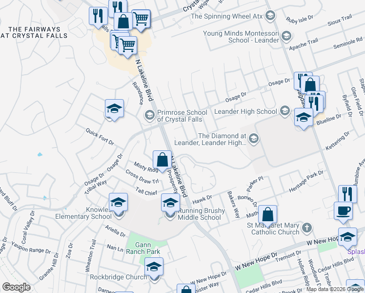 map of restaurants, bars, coffee shops, grocery stores, and more near 2748 Granite Creek Drive in Leander