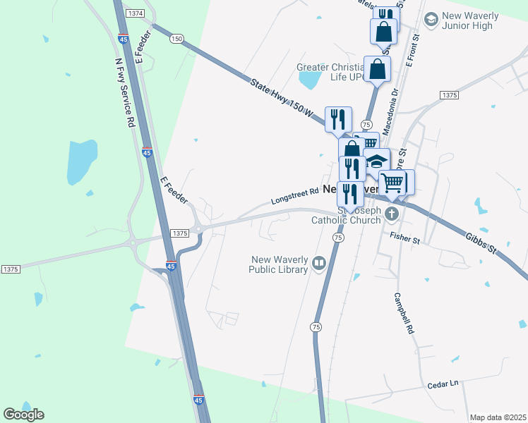 map of restaurants, bars, coffee shops, grocery stores, and more near 511 Longstreet Road in New Waverly