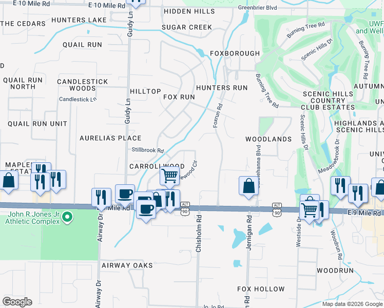 map of restaurants, bars, coffee shops, grocery stores, and more near 9775 Pickwood Drive in Pensacola