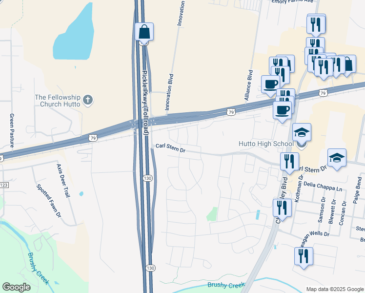 map of restaurants, bars, coffee shops, grocery stores, and more near 91 Hereford Loop in Hutto