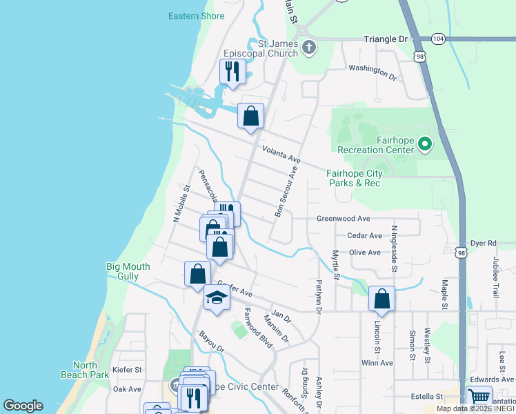 map of restaurants, bars, coffee shops, grocery stores, and more near 413 Rosa Avenue in Fairhope