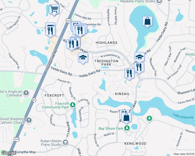 map of restaurants, bars, coffee shops, grocery stores, and more near 2910 Falling Waters Way in Tallahassee