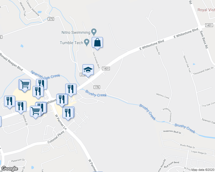 map of restaurants, bars, coffee shops, grocery stores, and more near 328 County Road 178 in Cedar Park