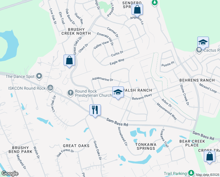 map of restaurants, bars, coffee shops, grocery stores, and more near 3518 Citrine Place in Round Rock