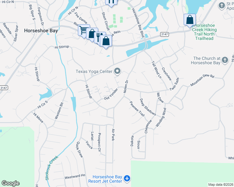 map of restaurants, bars, coffee shops, grocery stores, and more near 205 Out Yonder in Horseshoe Bay