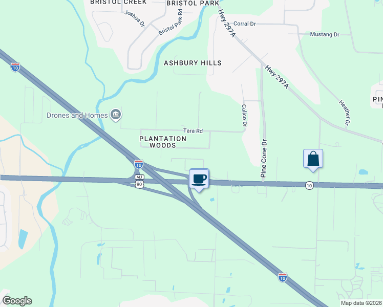 map of restaurants, bars, coffee shops, grocery stores, and more near 454 Bocage Road in Cantonment