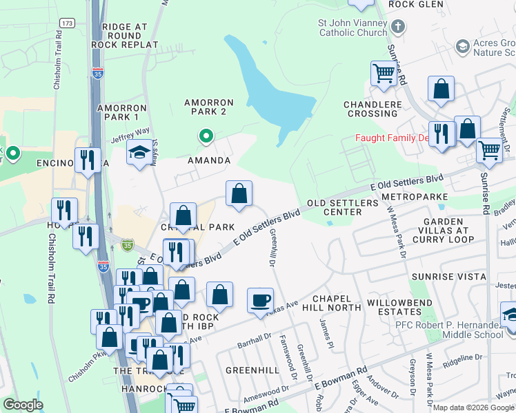 map of restaurants, bars, coffee shops, grocery stores, and more near 600 Greenhill Drive in Round Rock
