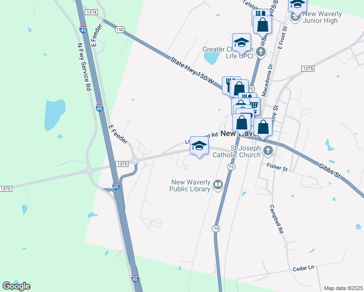 map of restaurants, bars, coffee shops, grocery stores, and more near 511 Longstreet Road in New Waverly