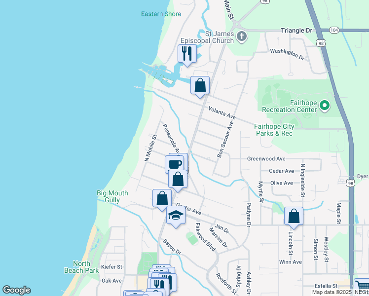 map of restaurants, bars, coffee shops, grocery stores, and more near 601 North Section Street in Fairhope