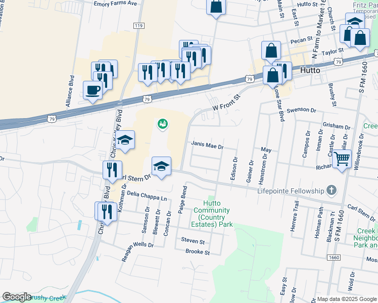map of restaurants, bars, coffee shops, grocery stores, and more near 305 Warner Bend in Hutto