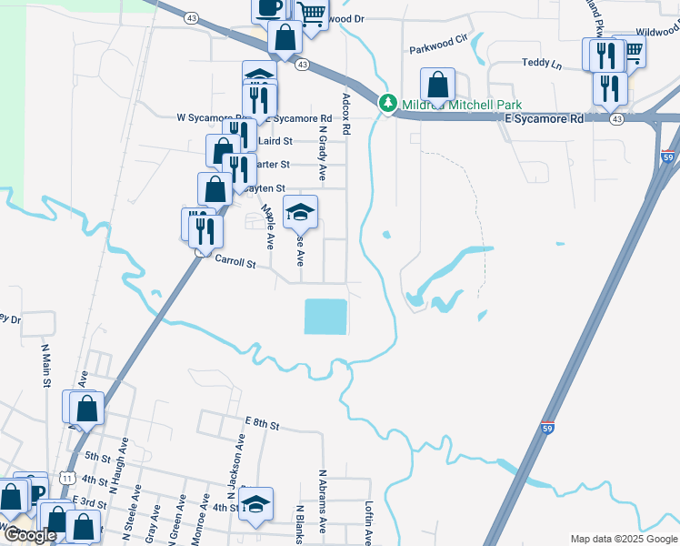 map of restaurants, bars, coffee shops, grocery stores, and more near 1504 South Grady Avenue in Picayune