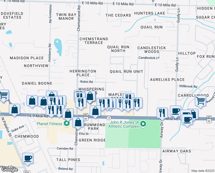 map of restaurants, bars, coffee shops, grocery stores, and more near 9760 Music Lane in Pensacola