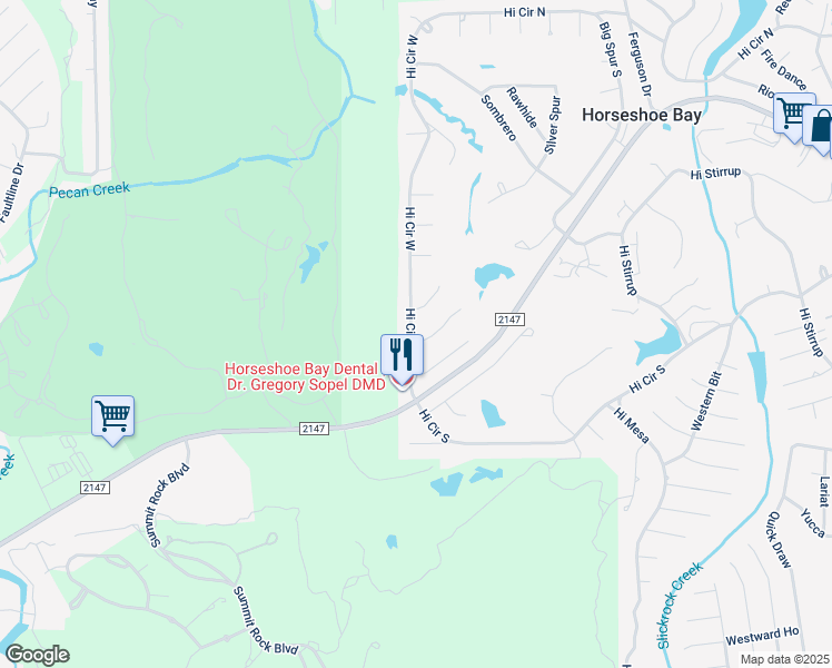 map of restaurants, bars, coffee shops, grocery stores, and more near 100 Colt in Horseshoe Bay