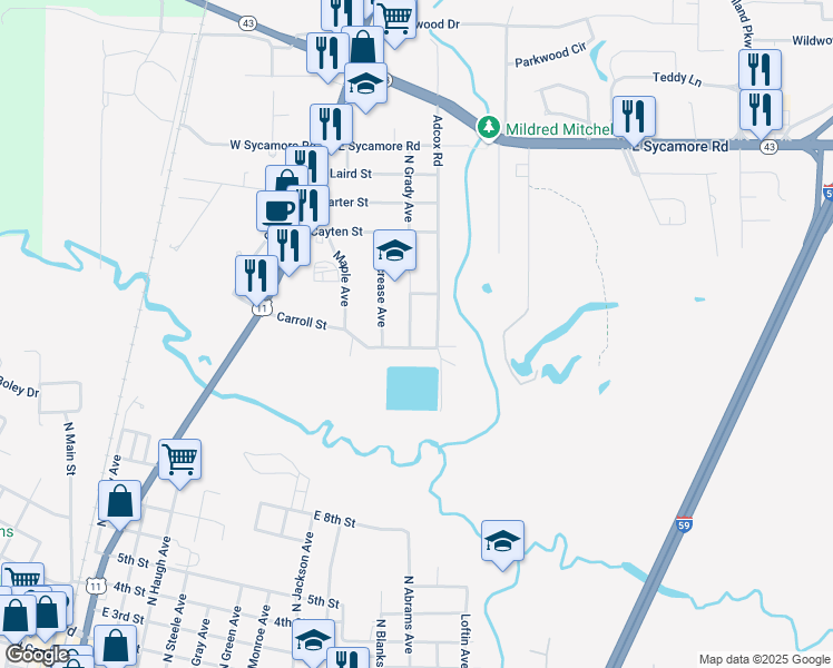 map of restaurants, bars, coffee shops, grocery stores, and more near 1504 South Grady Avenue in Picayune