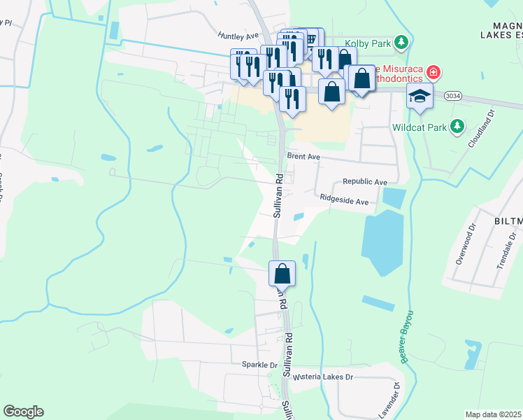 map of restaurants, bars, coffee shops, grocery stores, and more near 9626 Sullivan Road in Baton Rouge