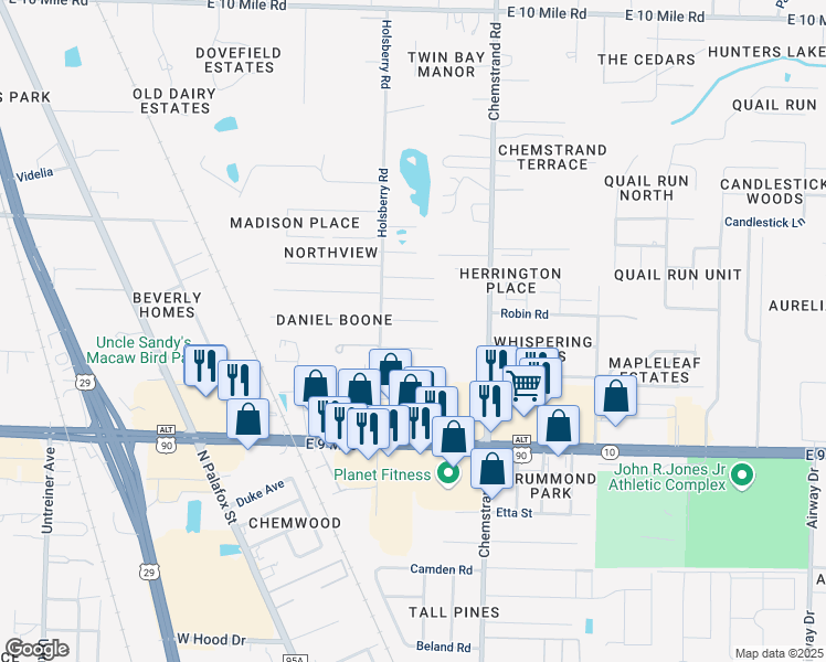 map of restaurants, bars, coffee shops, grocery stores, and more near 209 Sprague Drive in Pensacola