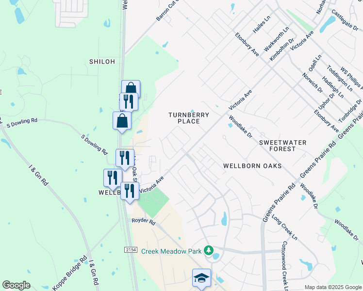 map of restaurants, bars, coffee shops, grocery stores, and more near Creek Lane in College Station
