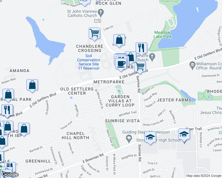 map of restaurants, bars, coffee shops, grocery stores, and more near 900 Clearwater Trail in Round Rock
