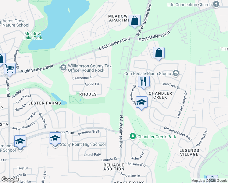 map of restaurants, bars, coffee shops, grocery stores, and more near 2600 N A W Grimes Blvd in Round Rock