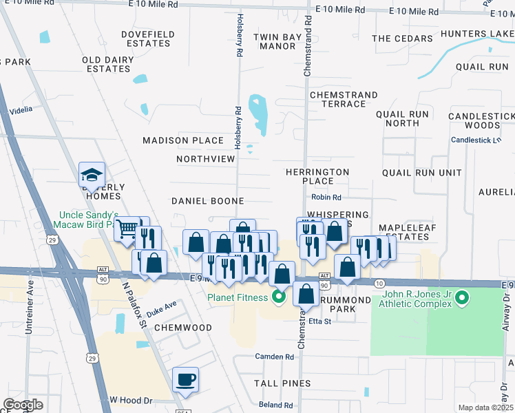 map of restaurants, bars, coffee shops, grocery stores, and more near 209 Sprague Drive in Pensacola