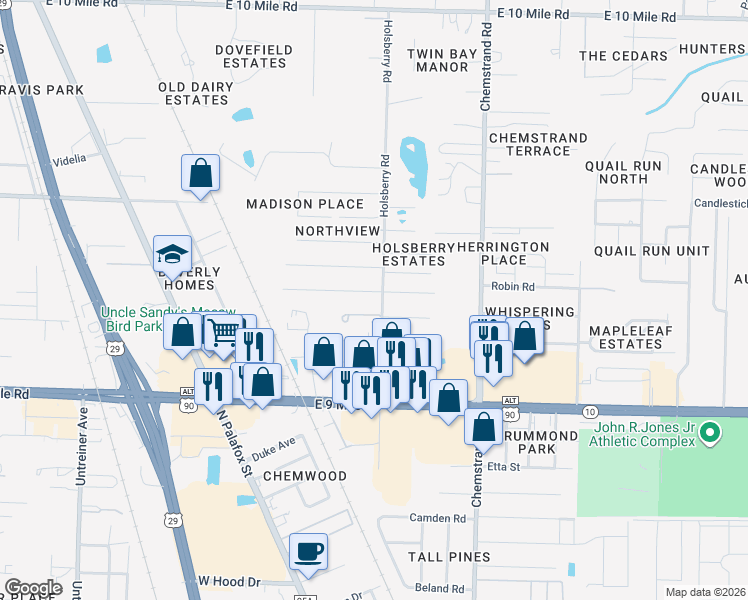 map of restaurants, bars, coffee shops, grocery stores, and more near 9661 Holsberry Road in Pensacola