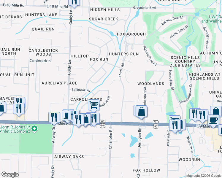 map of restaurants, bars, coffee shops, grocery stores, and more near 9775 Pickwood Drive in Pensacola