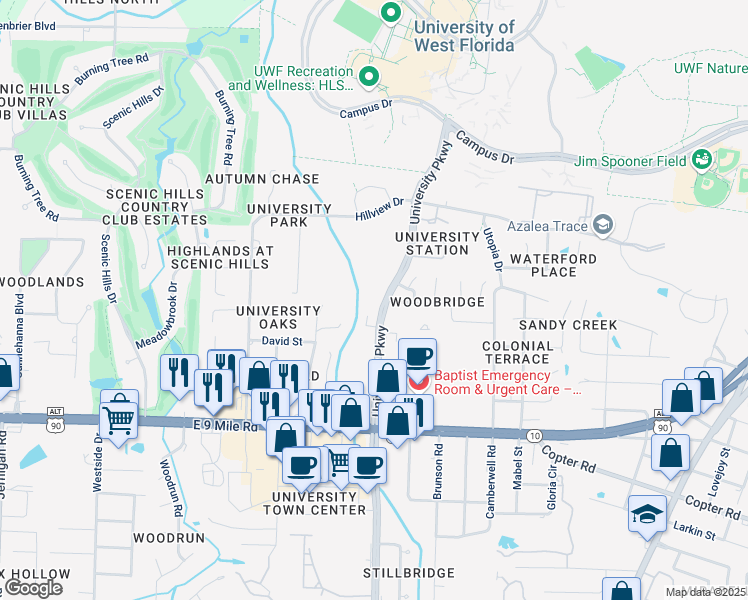 map of restaurants, bars, coffee shops, grocery stores, and more near 9716 Barranger Dr in Pensacola