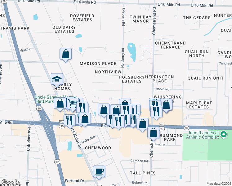 map of restaurants, bars, coffee shops, grocery stores, and more near 9661 Holsberry Road in Pensacola