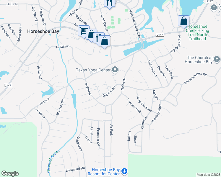 map of restaurants, bars, coffee shops, grocery stores, and more near 205 Out Yonder in Horseshoe Bay