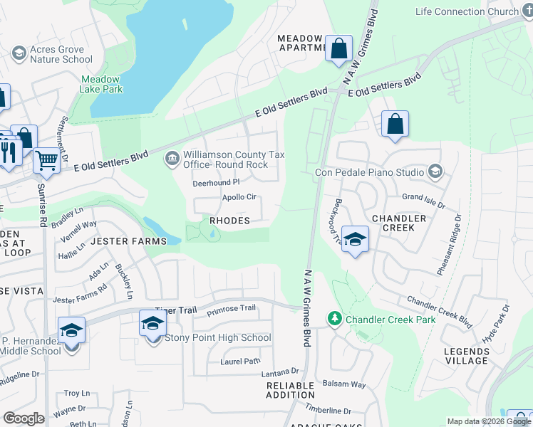 map of restaurants, bars, coffee shops, grocery stores, and more near 1005 Apollo Circle in Round Rock