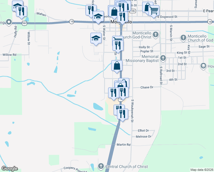 map of restaurants, bars, coffee shops, grocery stores, and more near 1082 South Water Street in Monticello