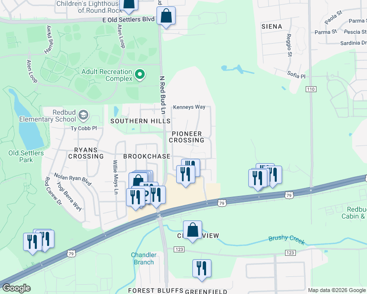 map of restaurants, bars, coffee shops, grocery stores, and more near 3305 Captain Ladd Court in Round Rock