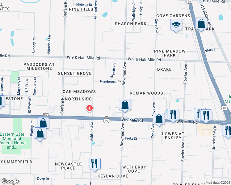 map of restaurants, bars, coffee shops, grocery stores, and more near 9651 Bowman Avenue in Pensacola