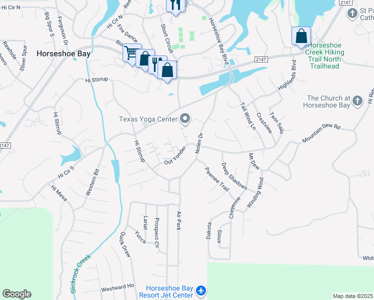 map of restaurants, bars, coffee shops, grocery stores, and more near 205 Out Yonder in Horseshoe Bay