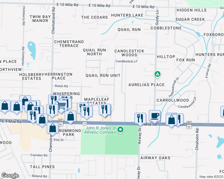 map of restaurants, bars, coffee shops, grocery stores, and more near 9553 Hummingbird Boulevard in Pensacola