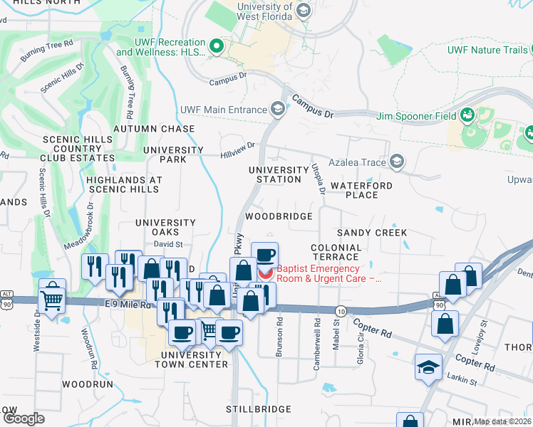 map of restaurants, bars, coffee shops, grocery stores, and more near 1912 Pinebrake Lane in Pensacola