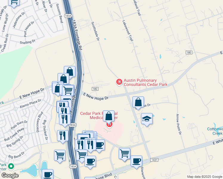 map of restaurants, bars, coffee shops, grocery stores, and more near 1776 County Road 180 in Leander