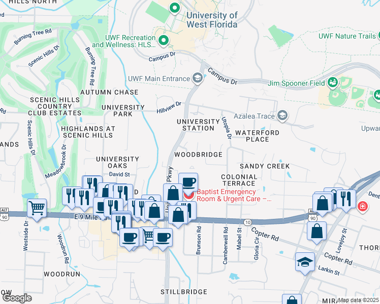 map of restaurants, bars, coffee shops, grocery stores, and more near 1912 Pinebrake Lane in Pensacola