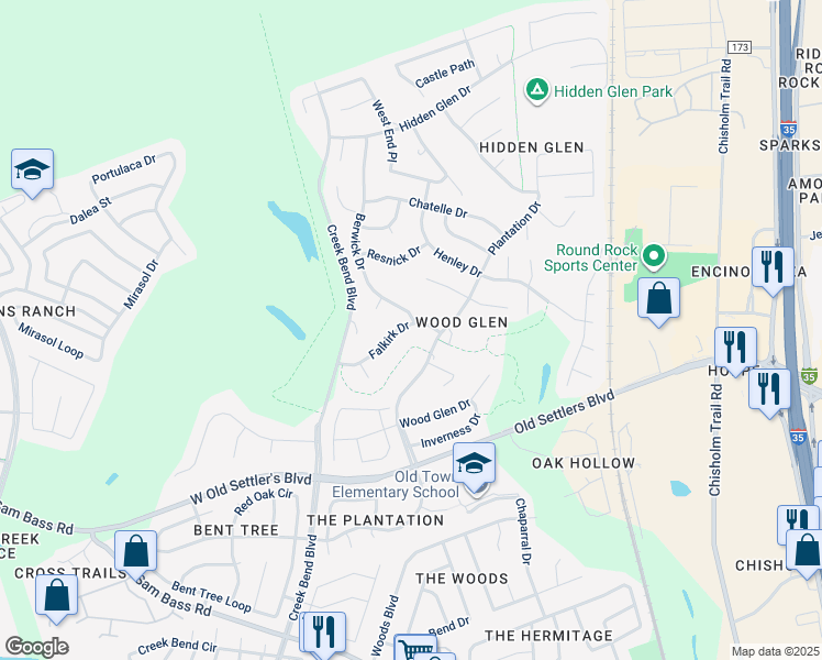 map of restaurants, bars, coffee shops, grocery stores, and more near 2207 Falkirk Drive in Round Rock