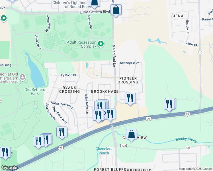 map of restaurants, bars, coffee shops, grocery stores, and more near 1201 Rainbow Cove in Round Rock