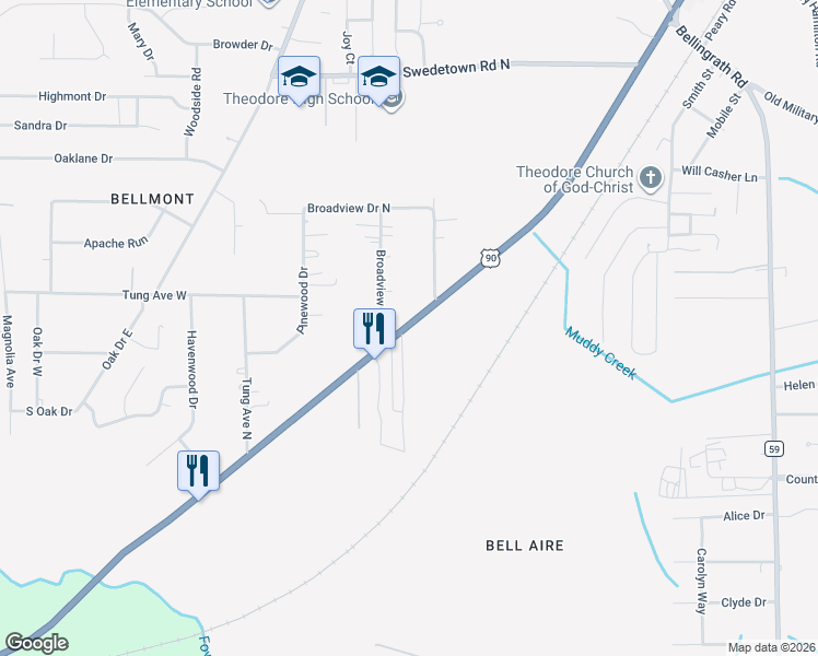 map of restaurants, bars, coffee shops, grocery stores, and more near 6131 Government Boulevard in Theodore