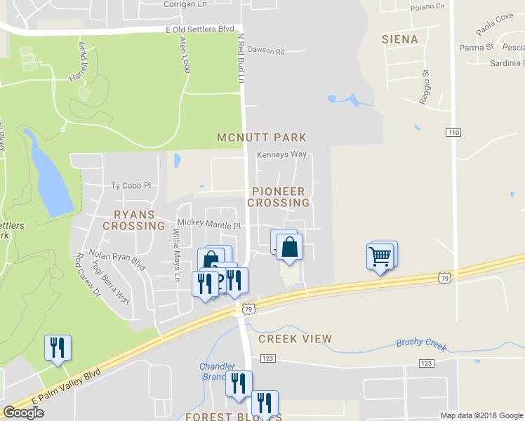 map of restaurants, bars, coffee shops, grocery stores, and more near 1217 Kenneys Way in Round Rock