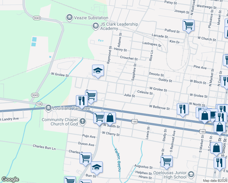 map of restaurants, bars, coffee shops, grocery stores, and more near 207 Garland Avenue in Opelousas