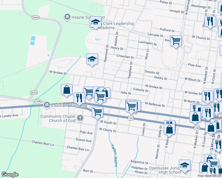 map of restaurants, bars, coffee shops, grocery stores, and more near 207 Garland Avenue in Opelousas